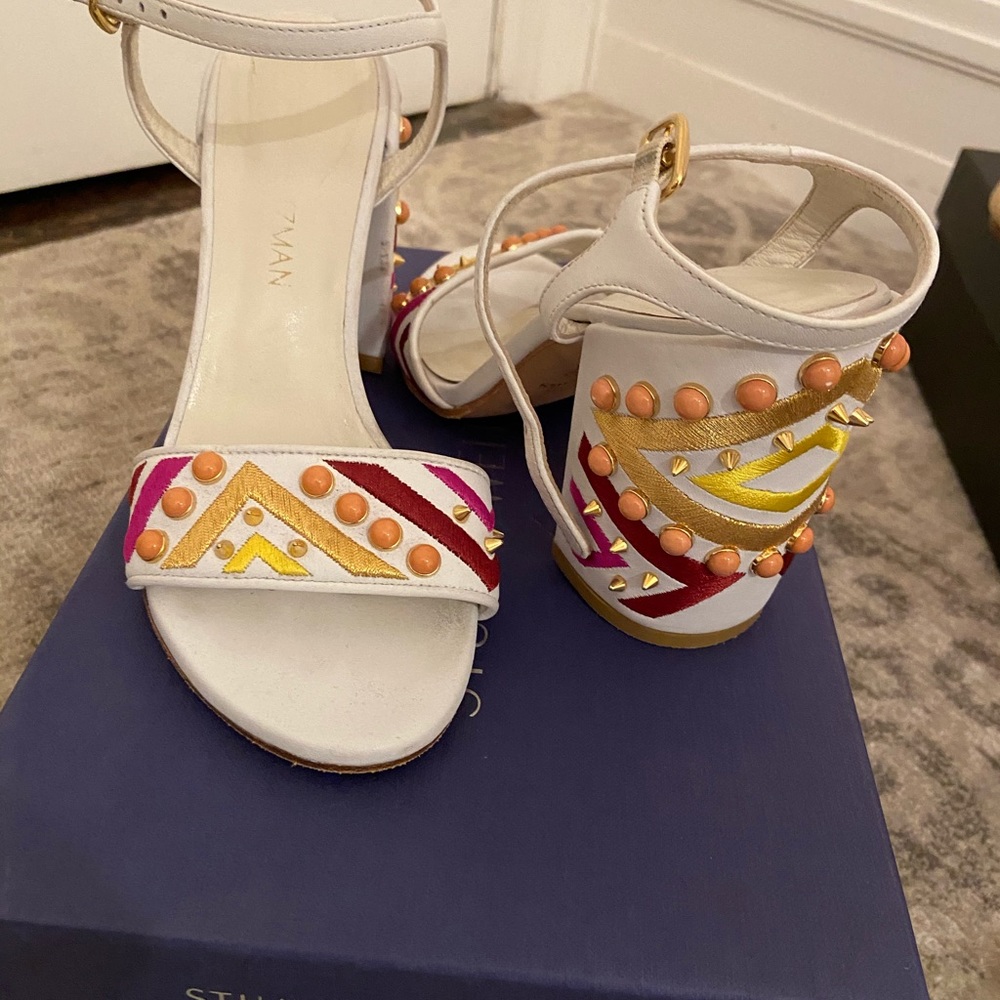 Stuart Weitzman White Sandals with Pink, Gold and Coral Studs